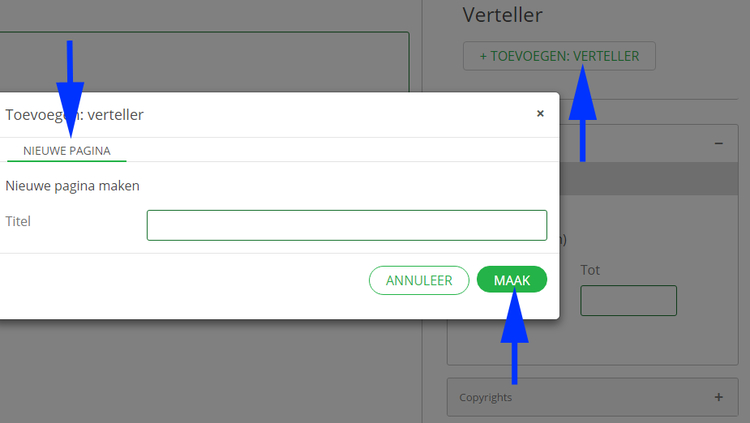 Afbeelding 2: Nieuwe verteller aanmaken via de voorkant  